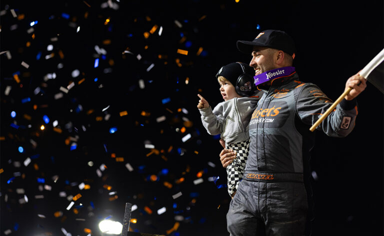 David Gravel celebrates victory with his son Levi