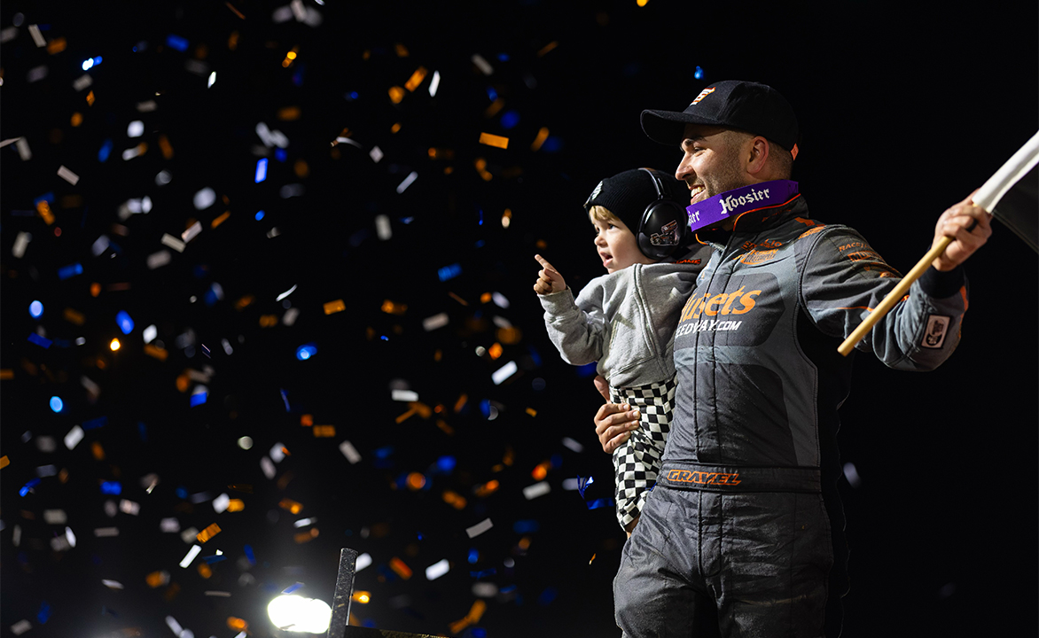 David Gravel celebrates victory with his son Levi