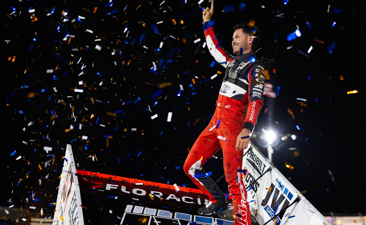 Kyle Larson celebrates winning at Jacksonville