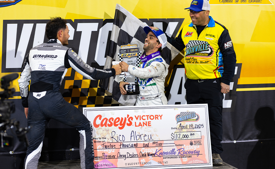 Rico Abreu and Kyle Larson share a fist bump in Victory Lane at Knoxville