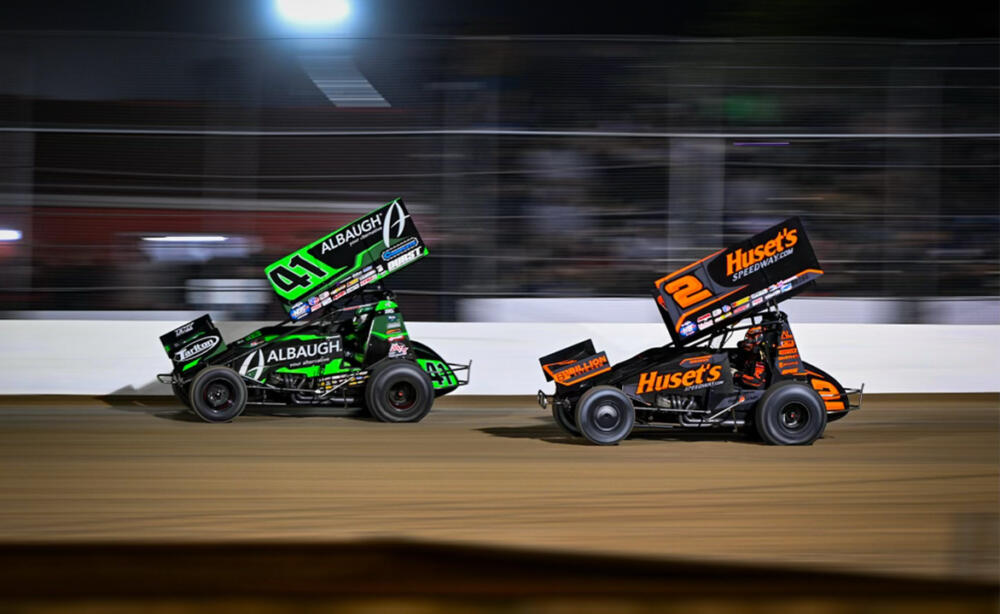 David Gravel and Carson Macedo racing at Ohsweken Speedway