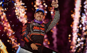 David Gravel celebrating with a wing dance at Ohsweken Speedway