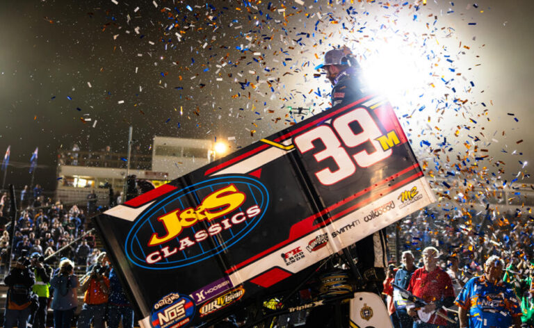 Anthony Macri celebrates at Williams Grove Speedway