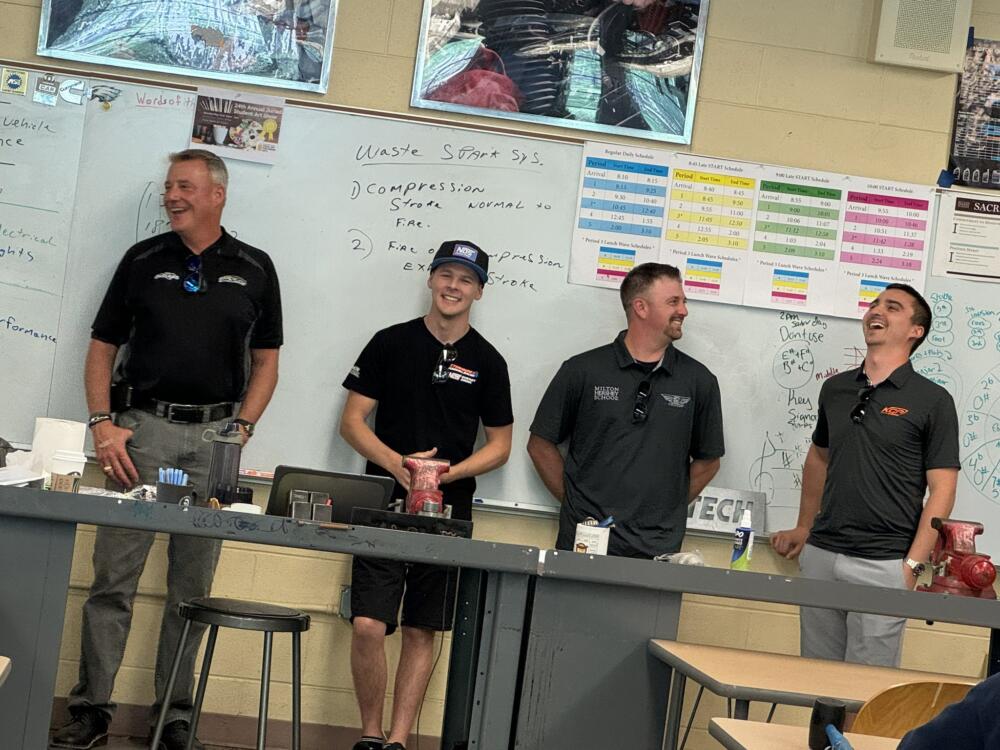 Brian Carter, Sheldon Haudenschild, Brock Zearfoss and Gio Scelzi visit a MHS classroom.