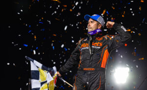 David Gravel celebrates at Cedar Lake Speedway with a wing dance