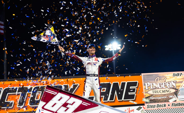 Buddy Kofoid celebrating his victory at Huset's Speedway