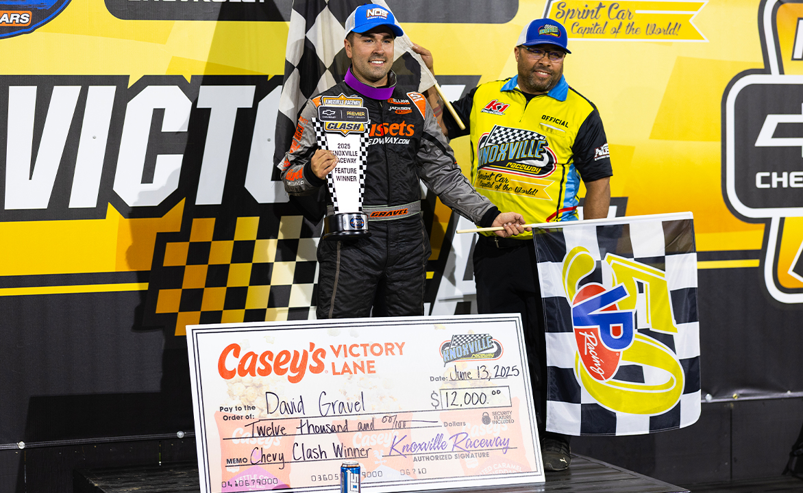 David Gravel standing in Knoxville Raceway Victory Lane