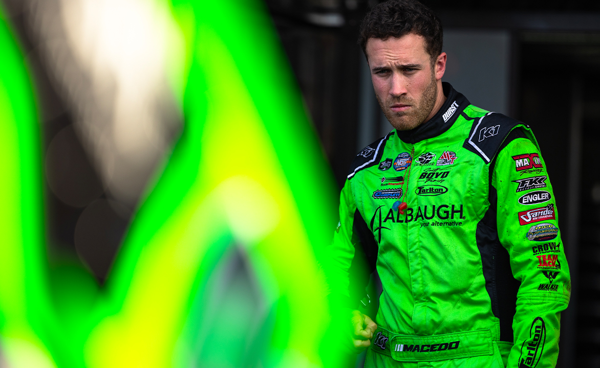 Carson Macedo in his fire suit