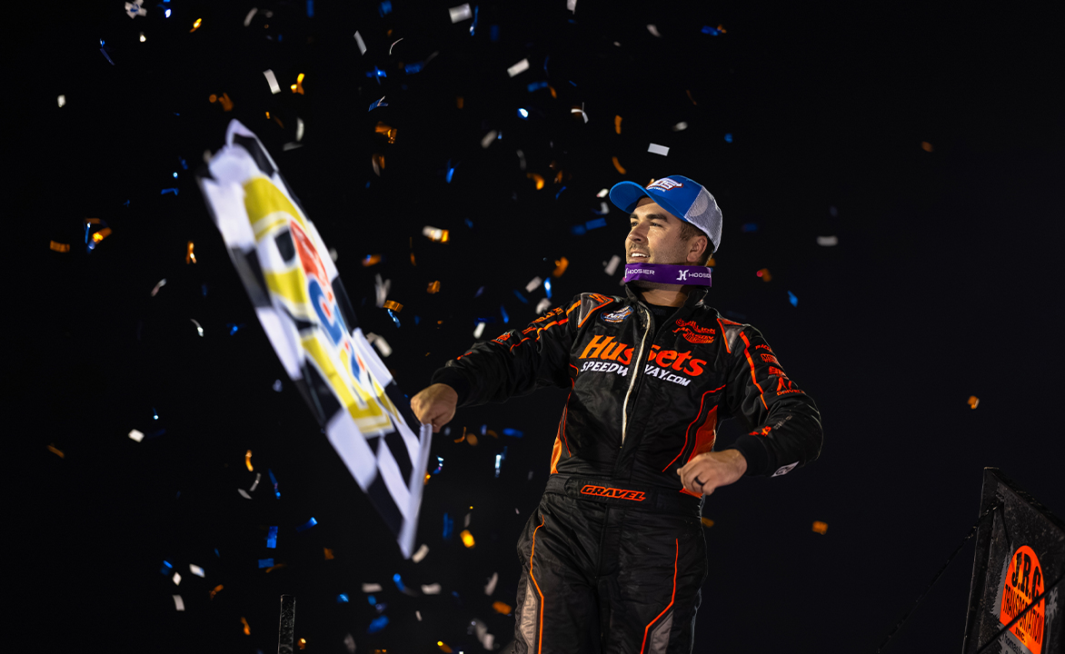 David Gravel celebrating at Vado Speedway Park