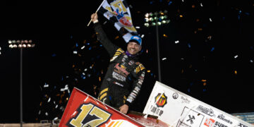 Bill Balog celebrating at Perris Auto Speedway