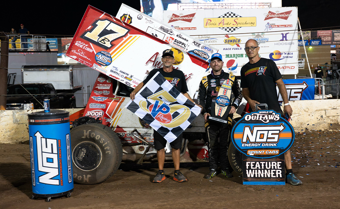 Bill Balog and his team in Perris Auto Speedway Victory Lane