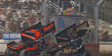 David Gravel and Spencer Bayston racing to the checkered flag at Thunderbowl Raceway
