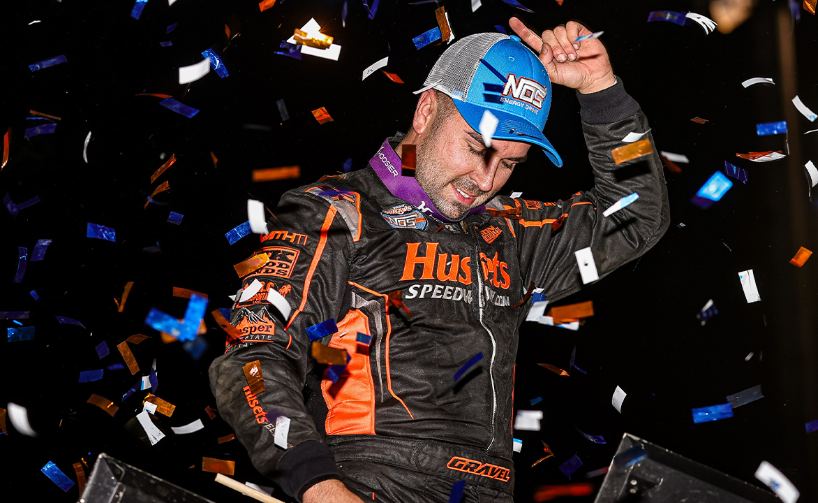 David Gravel celebrates at Thunderbowl Raceway