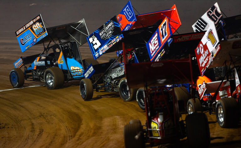 World of Outlaws Sprint Cars lined up side by side at Williams Grove Speedway