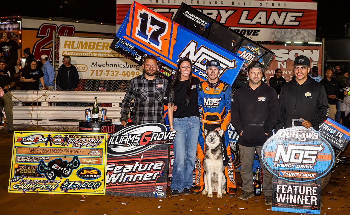 The Stenhouse Jr.-Marshall Racing team in Victory Lane