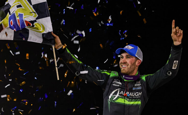 Carson Macedo celebrating at New Egypt Speedway