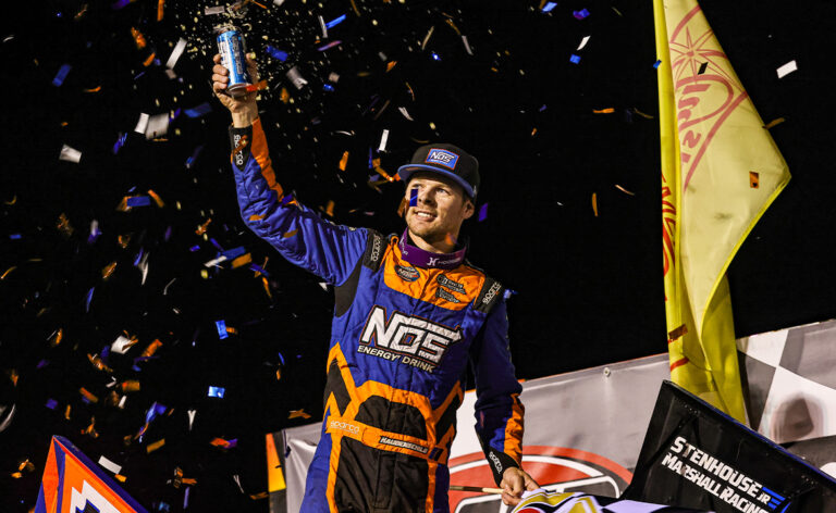 Sheldon Haudenschild celebrates in Angell Park Speedway Victory Lane