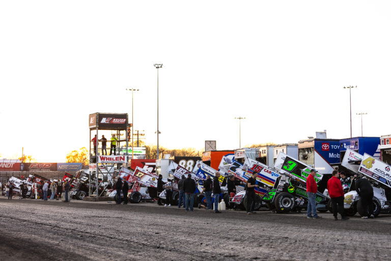 World of Outlaws Sprint Cars in the Knoxville Raceway pit area