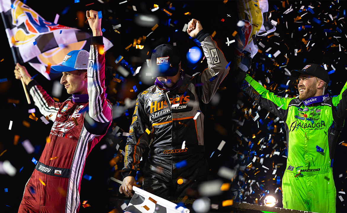 Buddy Kofoid, David Gravel, and Carson Macedo celebrate wins