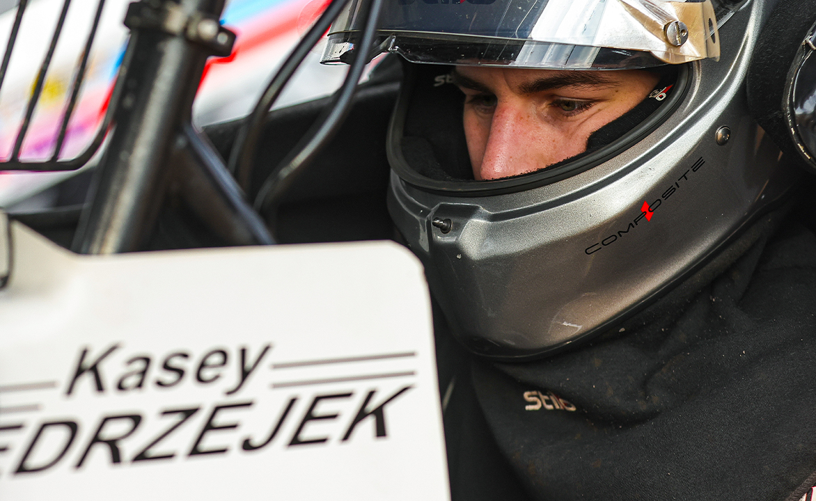 Kasey Jedrzejek with his helmet on in the Bill Rose Racing No. 6