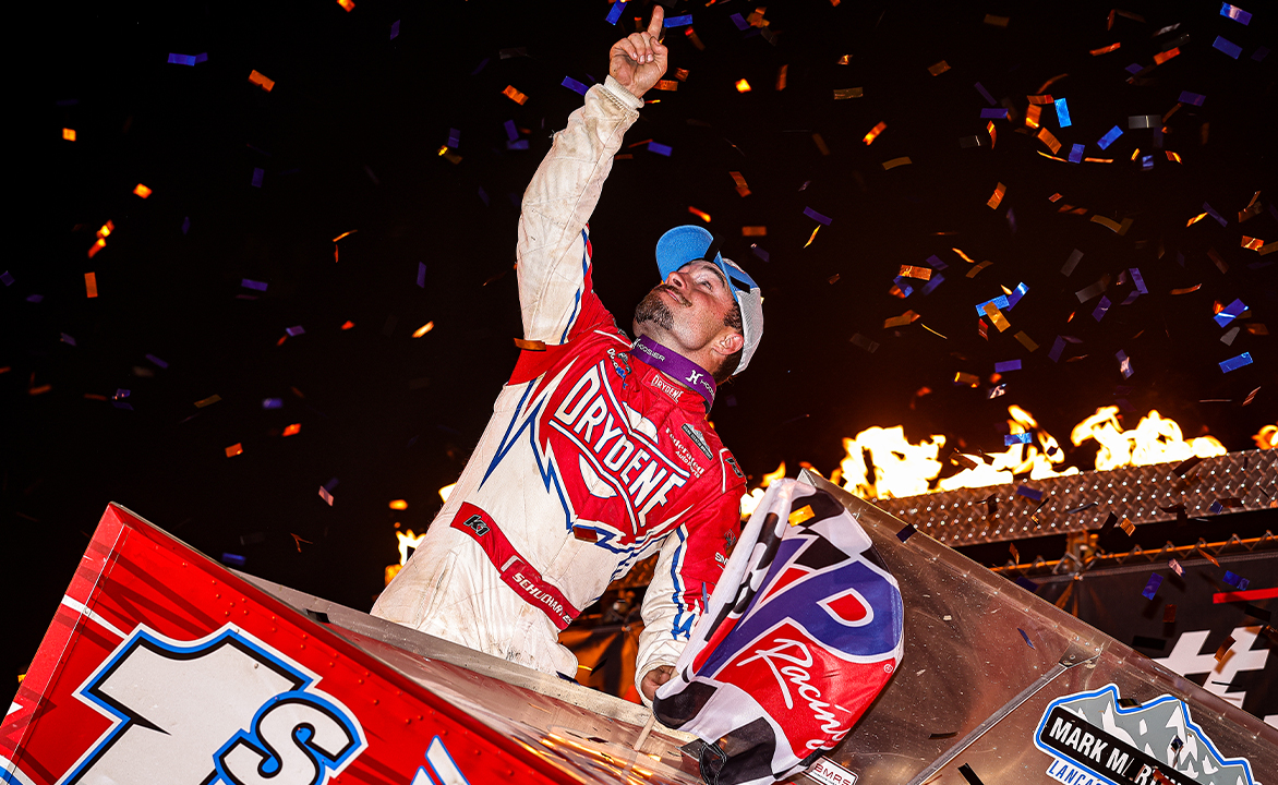 Logan Schuchart celebrating at Eldora Speedway