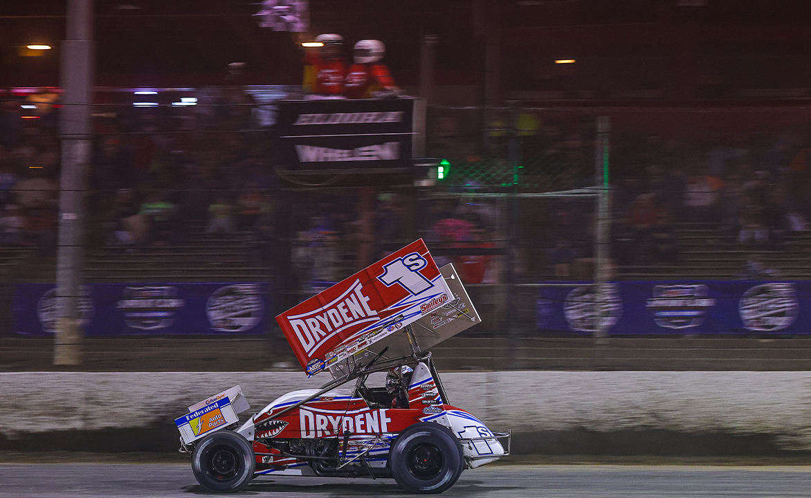 Logan Schuchart crosses the finish line at Eldora Speedway