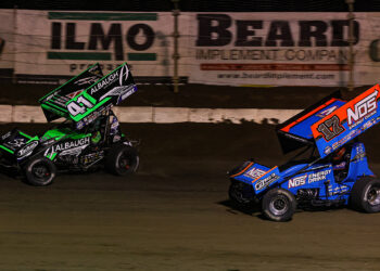 Carson Macedo races ahead of Spencer Bayston at Jacksonville Speedway