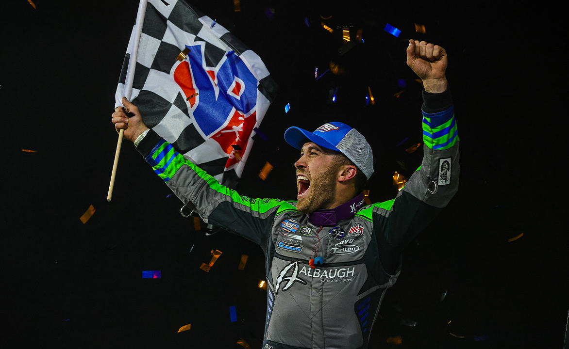 Carson Macedo celebrating at Jacksonville Speedway