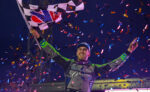 Carson Macedo celebrating at River Cities Speedway