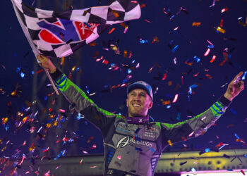 Carson Macedo celebrating at River Cities Speedway