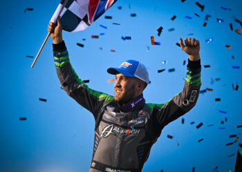 Carson Macedo celebrating at Angell Park Speedway