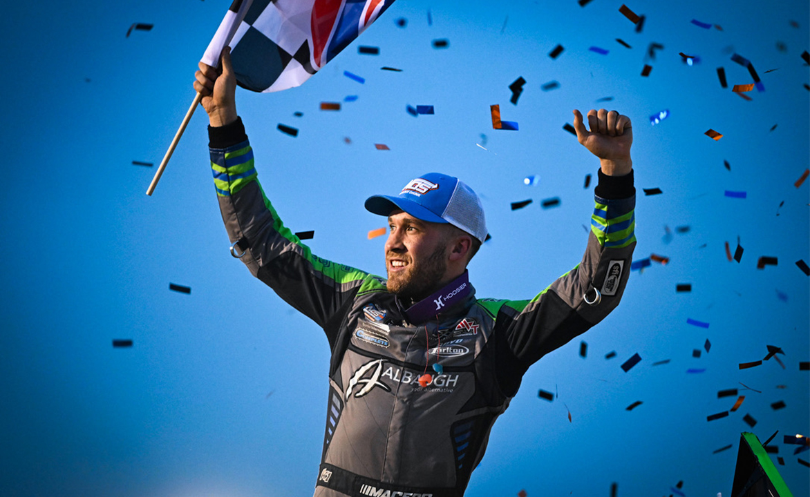 Carson Macedo celebrating at Angell Park Speedway