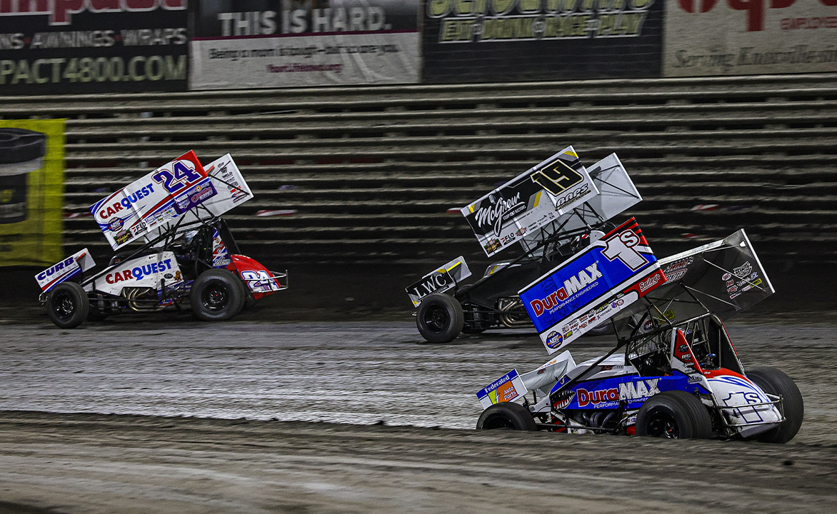 Rico Abreu, Brent Marks, and Logan Schuchart racing at Knoxville Raceway