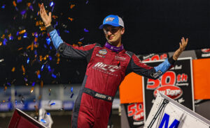 Buddy Kofoid celebrating at Huset's Speedway