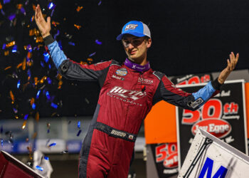 Buddy Kofoid celebrating at Huset's Speedway