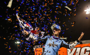 Buddy Kofoid celebrating at Huset's Speedway