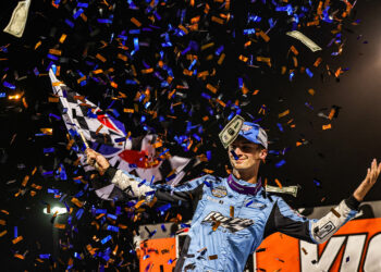 Buddy Kofoid celebrating at Huset's Speedway