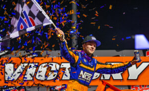 Sheldon Haudenschild celebrating at Huset's Speedway