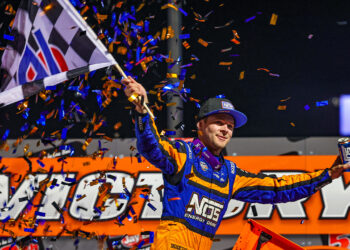 Sheldon Haudenschild celebrating at Huset's Speedway