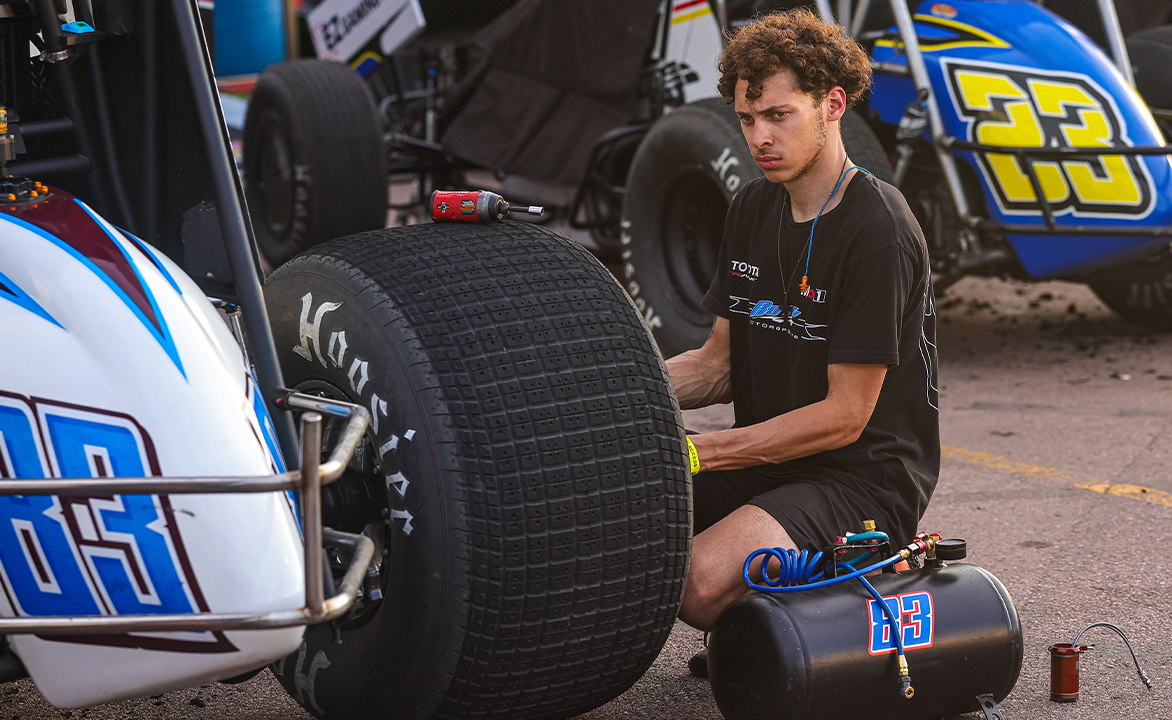 Gage Tyra working on the Roth Motorsports Sprint Car