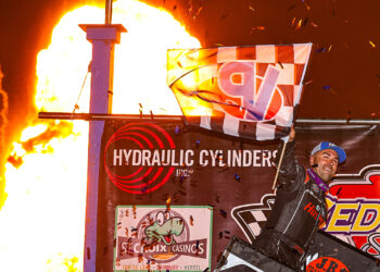 David Gravel celebrates at Cedar Lake Speedway