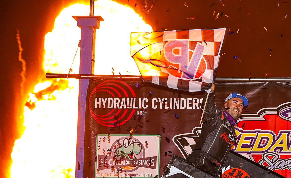 David Gravel celebrates at Cedar Lake Speedway