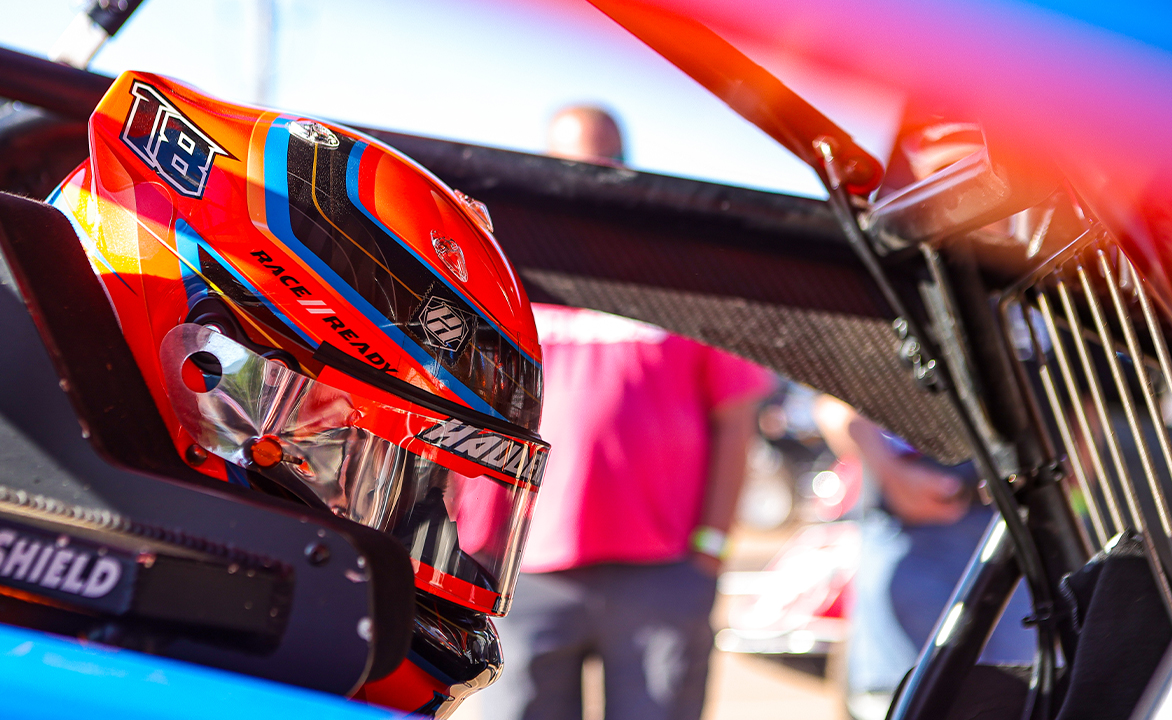 Sheldon Haudenschild with his helmet on in the KCP Racing No. 18