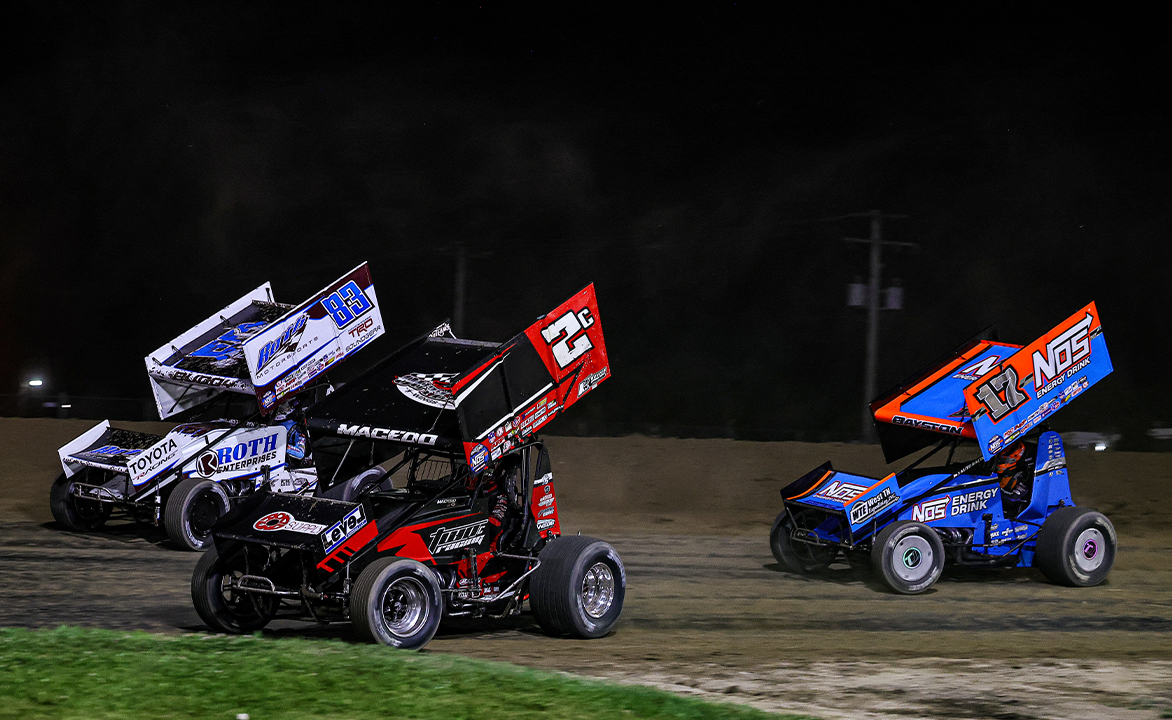 Buddy Kofoid, Cole Macedo, and Spencer Bayston battling at Wilmot Raceway