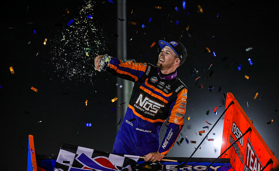Sheldon Haudenschild celebrating at Wilmot Raceway