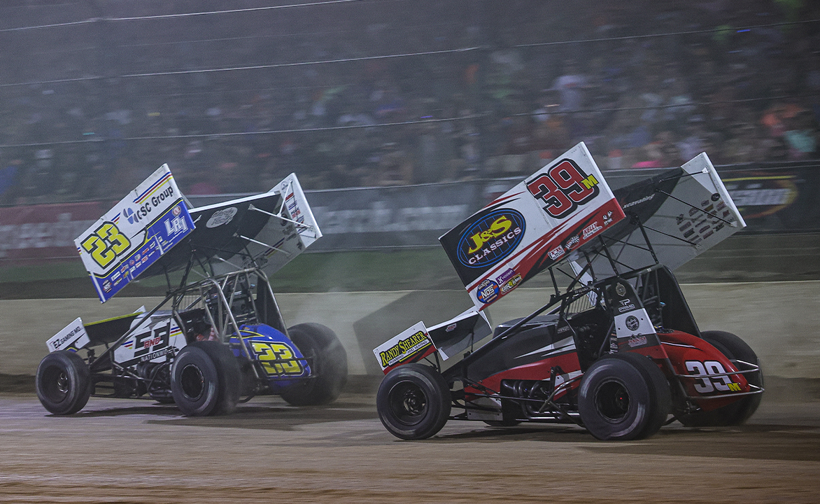 Garet Williamson and Anthony Macri racing at Eldora Speedway