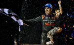 David Gravel celebrates with his son Levi at Ohsweken Speedway