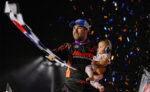 David Gravel celebrating with his daughter at Weedsport Speedway