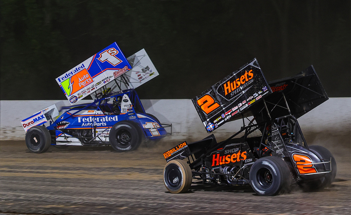 David Gravel racing Logan Schuchart at Weedsport Speedway